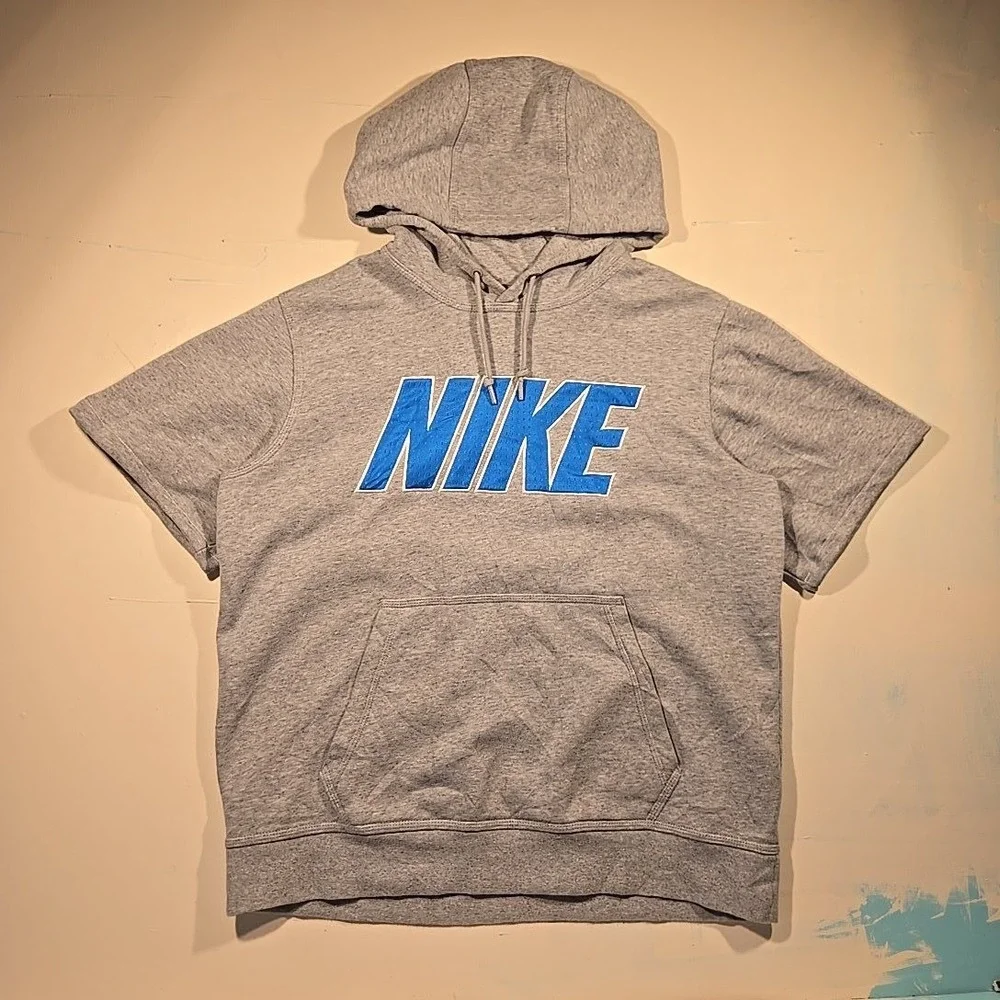 Nike‎ Men M Short Sleeve Hoodie Gray Blue Logo Pullover Malaysia Kangaroo Pocket